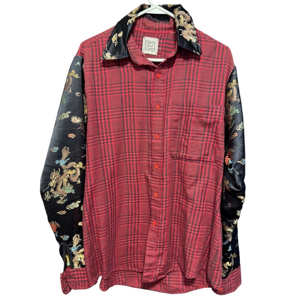Furst of a Kind Mens Red Plaid Dragon Satin Sleeve Button Up Shirt Mixed Media